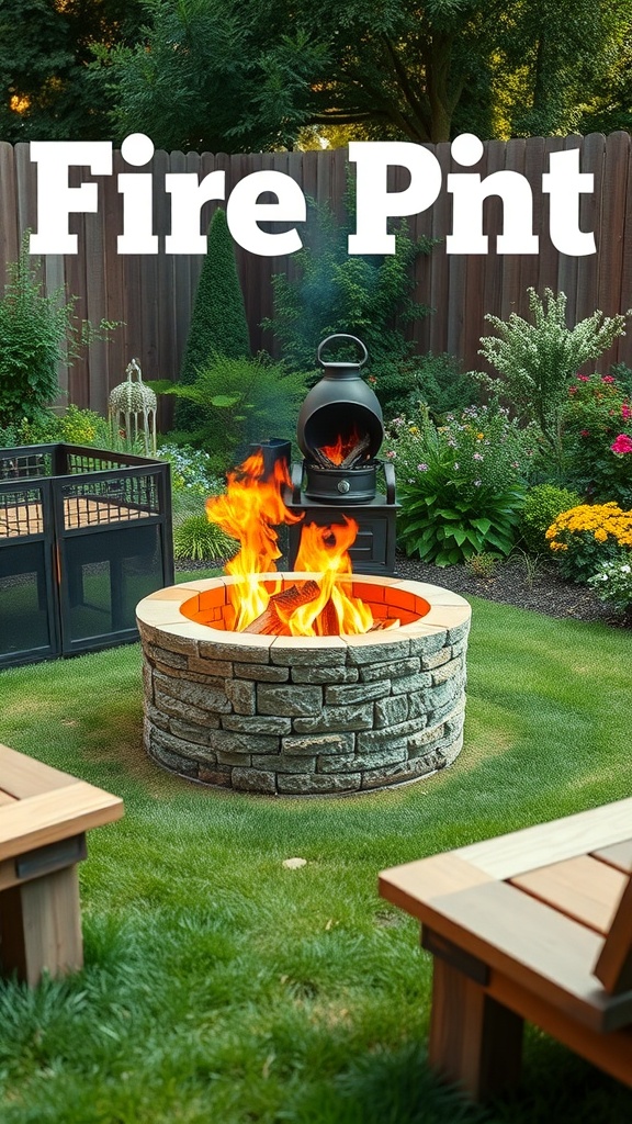A cozy fire pit surrounded by flowers and greenery, with flames and a grill in the background.
