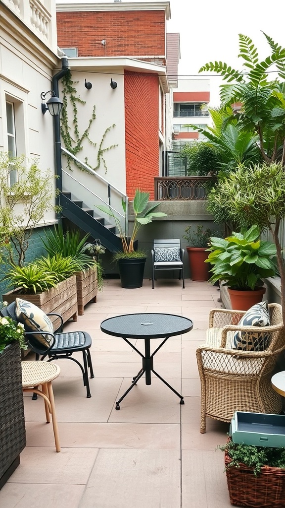A terrace garden featuring various garden furniture including chairs, a table, and planters.