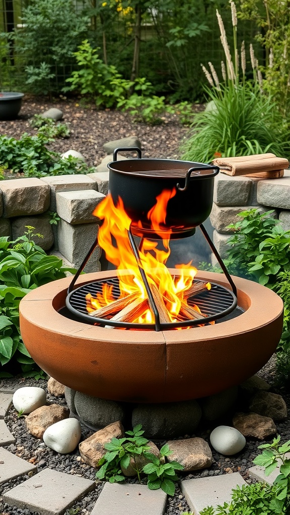 A fire pit with a pot over flames, surrounded by greenery and stones.