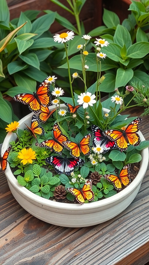 A butterfly garden dish featuring vibrant faux butterflies and various pollinator plants.