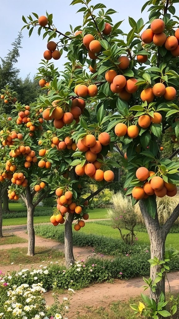 Heritage fruit trees with ripe orange fruits in a garden setting