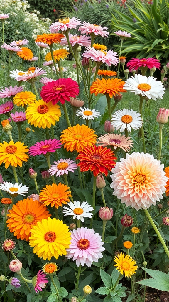 A colorful garden filled with various flowers in shades of pink, orange, yellow, and white.