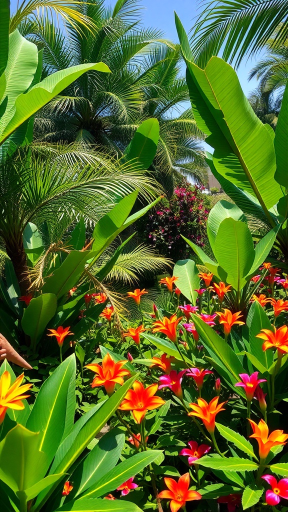 A tropical garden filled with lush green foliage and vibrant flowers in orange and pink.