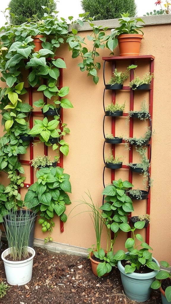Vertical garden planters with herbs and plants against a wall.