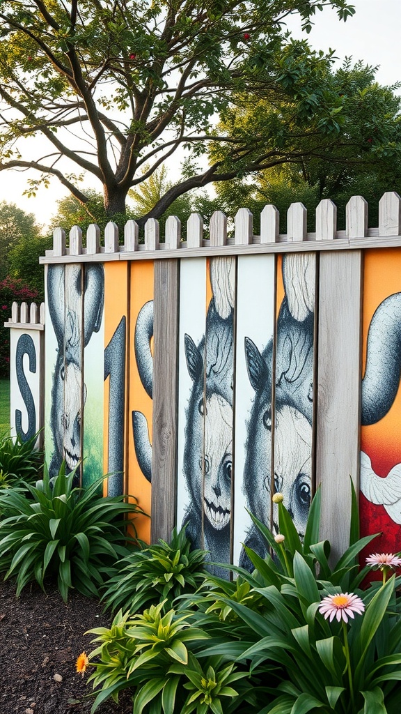 Colorful garden fence with animal artwork and surrounding plants