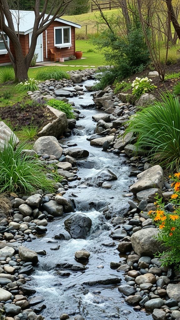 A rustic stream flowing through a garden, surrounded by stones and greenery.
