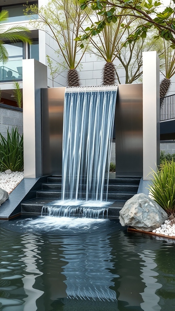 A modern minimalist waterfall design with a sleek metallic structure and flowing water into a serene pool.