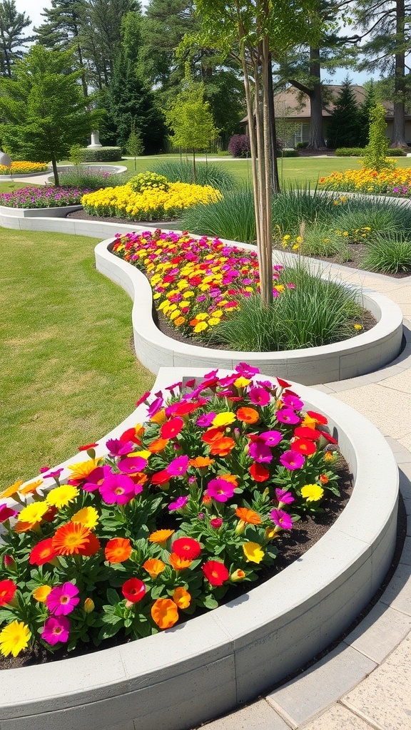 A garden with concrete curved edging showcasing colorful flowers
