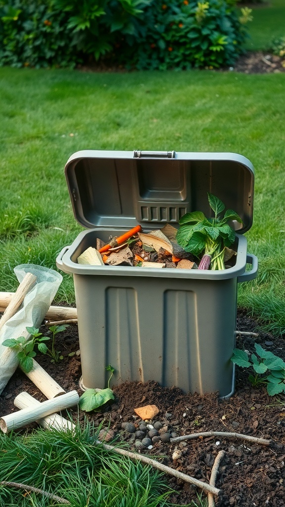 A compost bin filled with organic waste in a garden setting.