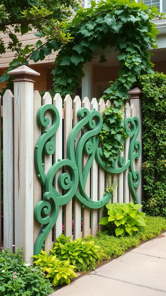 Decorative green fence with swirling designs and lush plants in a front yard garden.