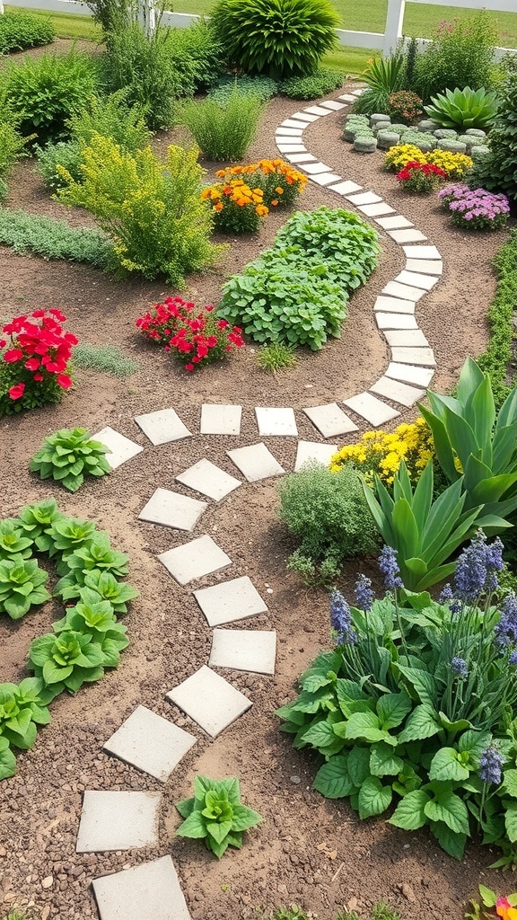 A winding stone pathway through a colorful garden bed filled with various flowers and greenery.