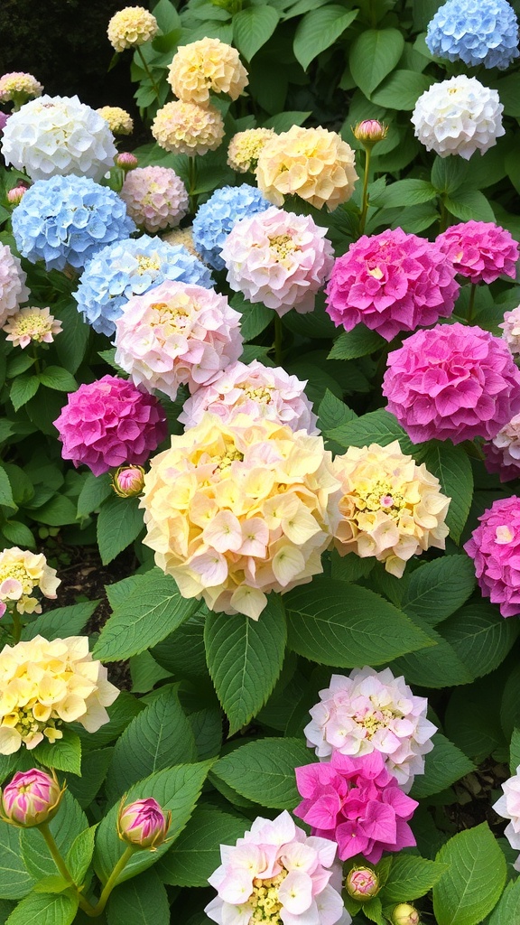 A beautiful display of various hydrangea flowers in shades of blue, pink, and yellow.