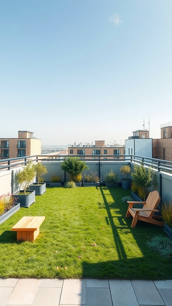 A spacious roof garden with a green lawn, wooden bench, and planters, ideal for family play.