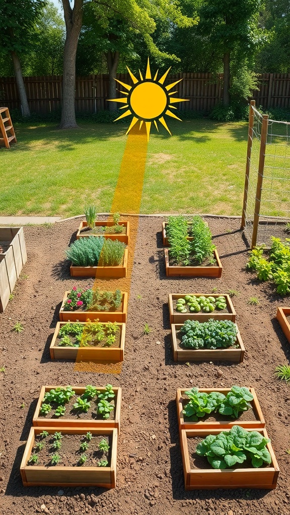 A sunny garden layout with raised beds, showcasing various plants and sunlight exposure.