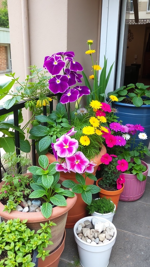 A collection of colorful flowers in various pots, showcasing a vibrant container garden.