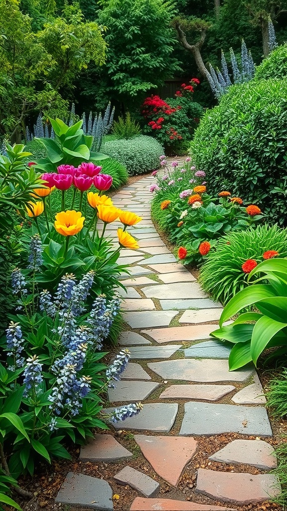 A charming stone pathway lined with colorful flowers and lush greenery in a garden.