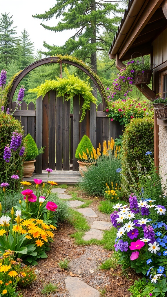 A rustic cottage garden with colorful flowers and a wooden archway.