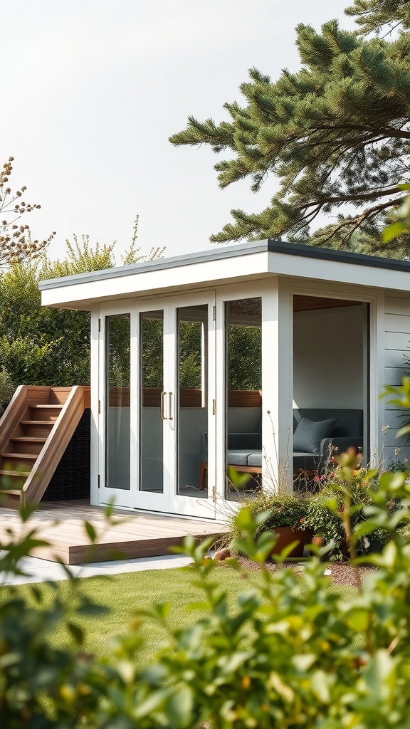A modern minimalist garden shed with large glass doors and wooden steps, surrounded by greenery.