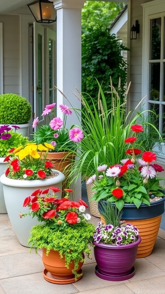 Colorful container garden beds with various flowers and greenery