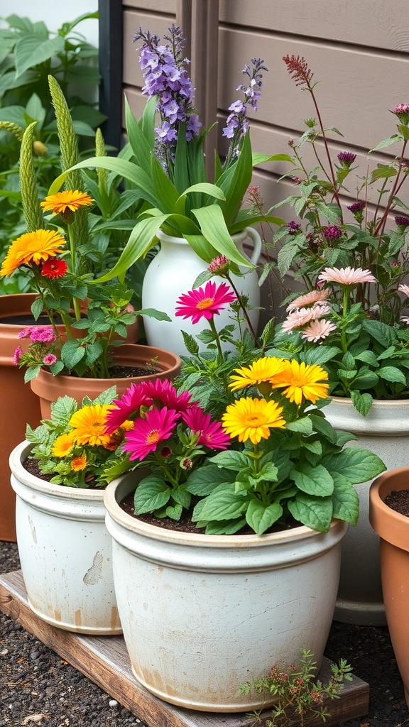 Colorful flower arrangement in various pots, showcasing vibrant blooms in a small garden setting.