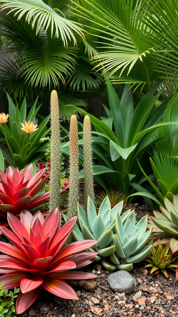 A tropical garden featuring vibrant red bromeliads, a tall cactus, and lush green foliage.