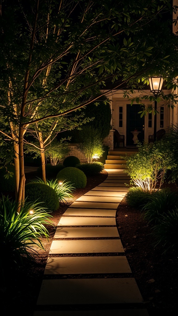 A beautifully lit pathway in a front garden at night, featuring soft lights illuminating the path and surrounding greenery.