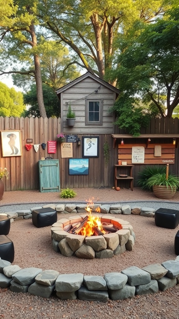 A cozy fire pit area with a stone fire pit surrounded by black seating, wooden decor, and greenery.