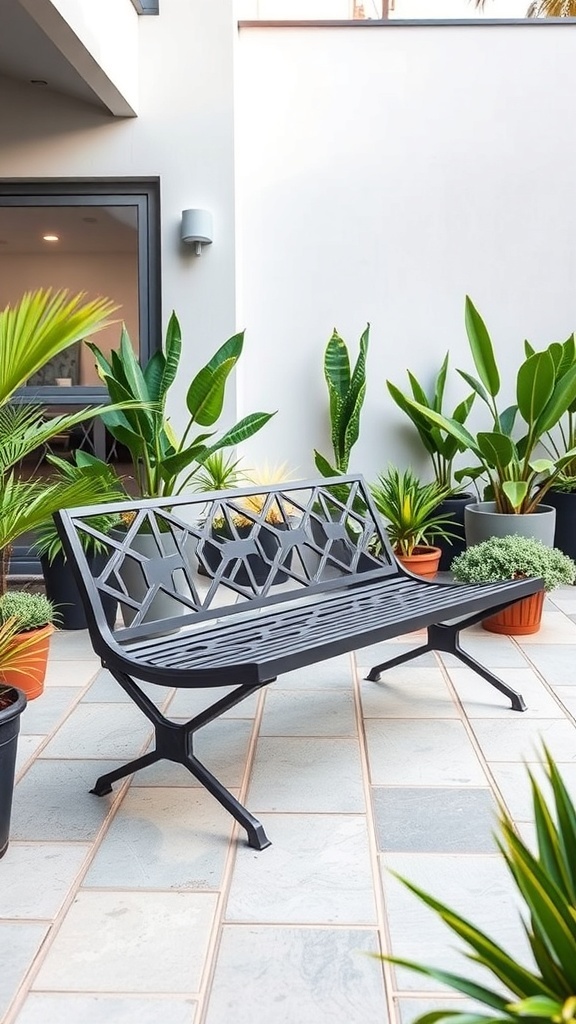 A modern metal garden bench with a geometric design, surrounded by potted plants.