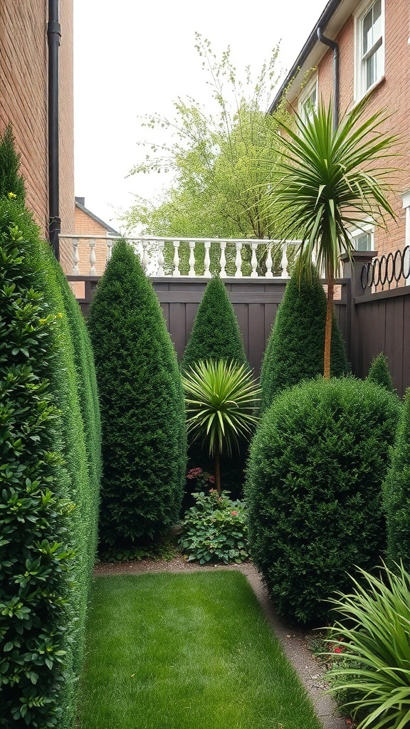 A side garden featuring tall hedges and a wooden fence, creating a private and inviting space.