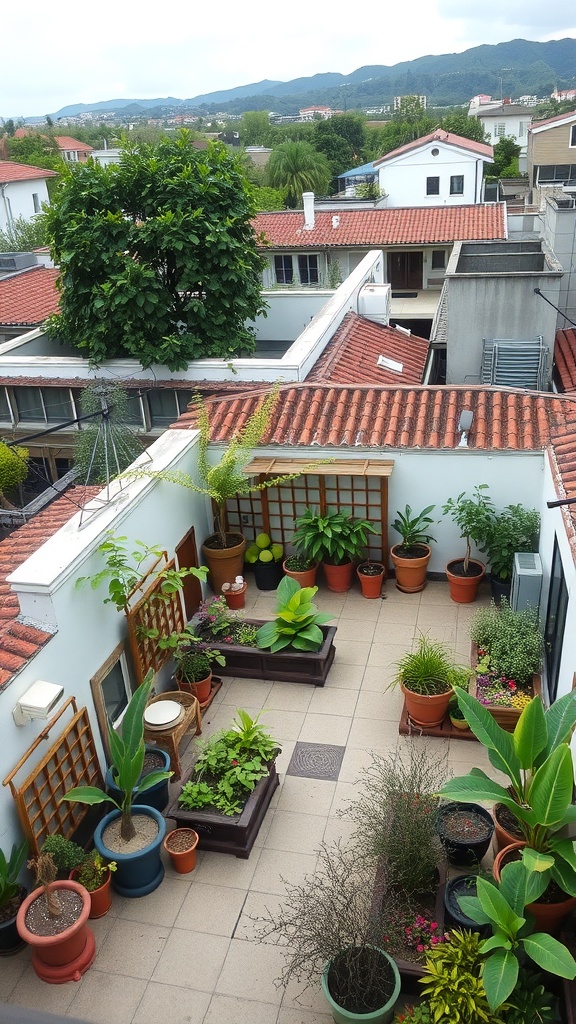 A vibrant rooftop garden filled with various plants and greenery, showcasing raised beds and pots.