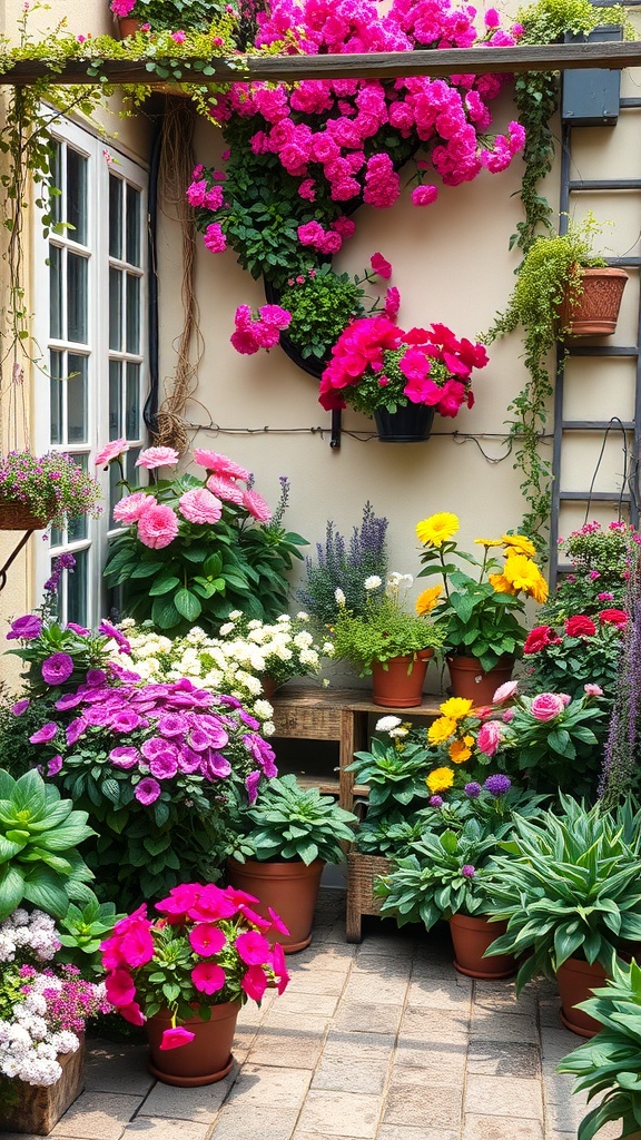 A vibrant terrace garden filled with colorful flowers in pots, showcasing seasonal planting.
