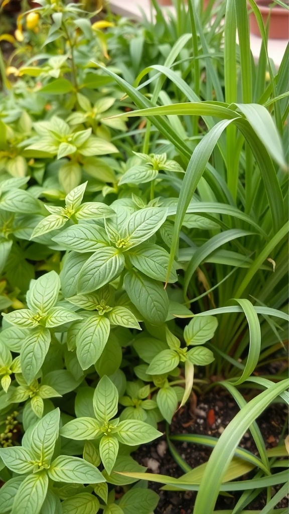 A close-up view of various tropical herbs and spices in a garden setting.