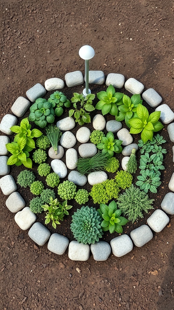 A circular herb spiral garden surrounded by stones, featuring various green herbs.
