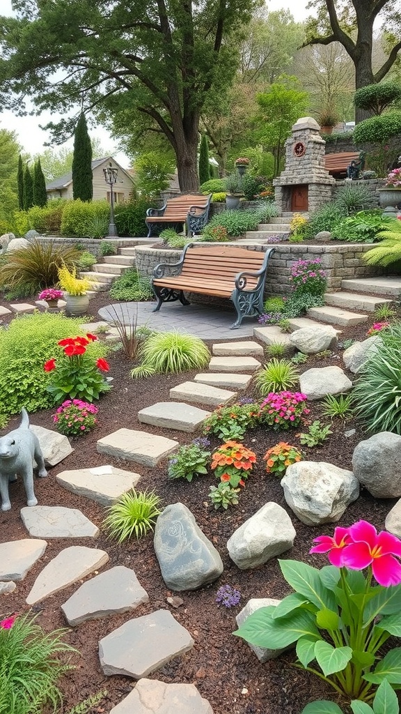 A sloped garden with decorative elements including statues, benches, and a fountain.