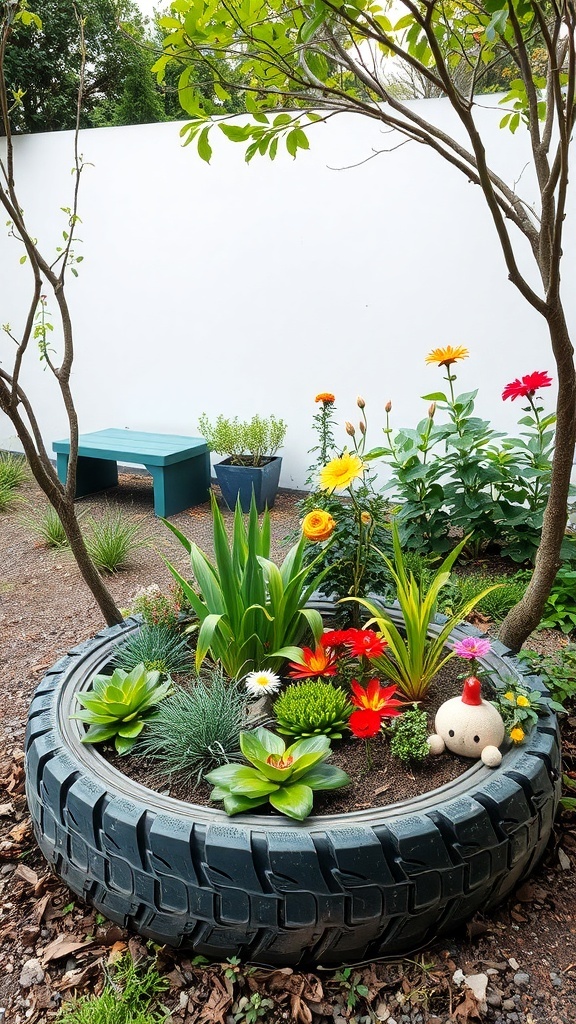 A garden with colorful flowers and plants growing in a recycled tire, surrounded by greenery.
