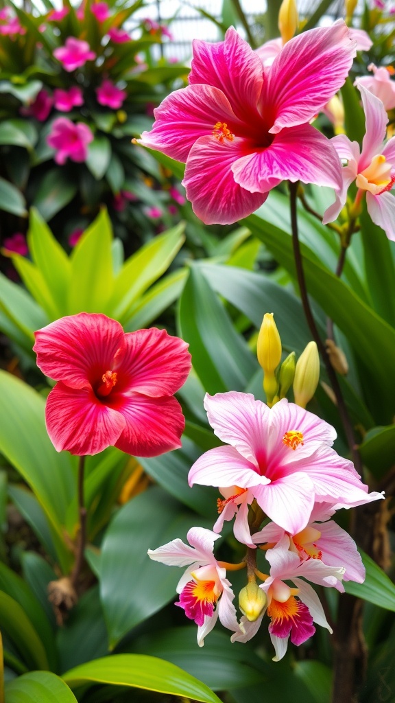 A vibrant display of exotic flowers including pink hibiscus and orchids surrounded by lush green leaves.