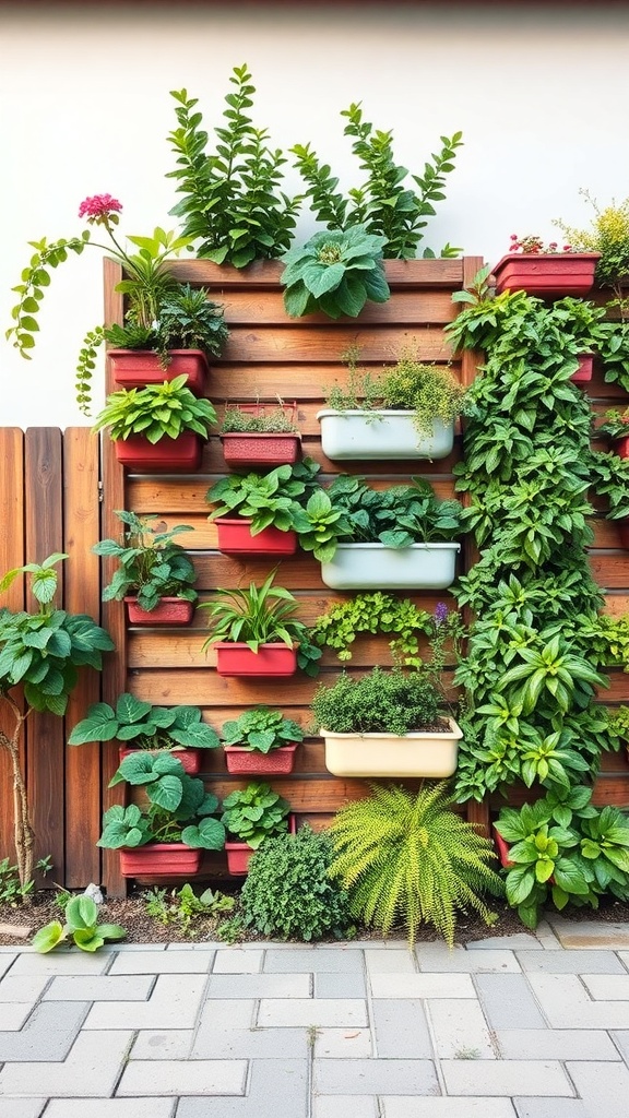 A vertical garden fence featuring a variety of plants in colorful pots against a wooden backdrop.