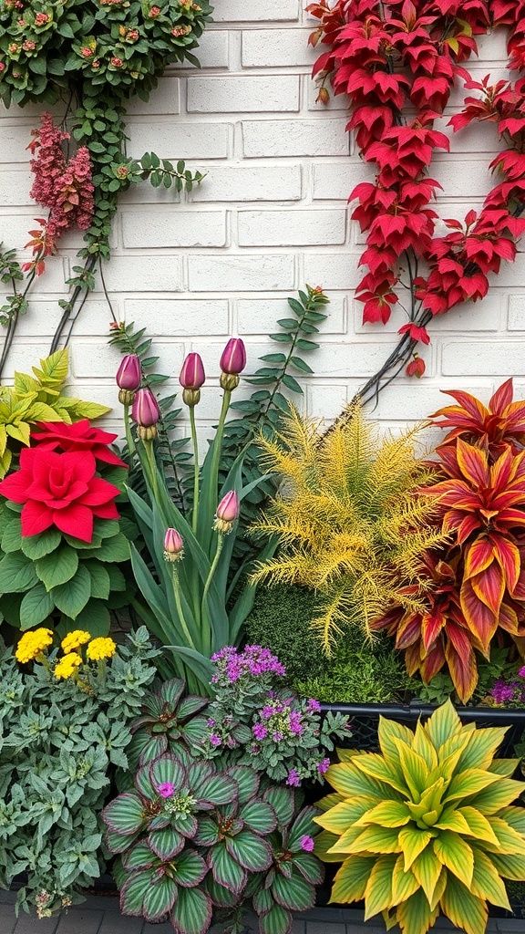A colorful garden wall with various plants including tulips, marigolds, and ivy.