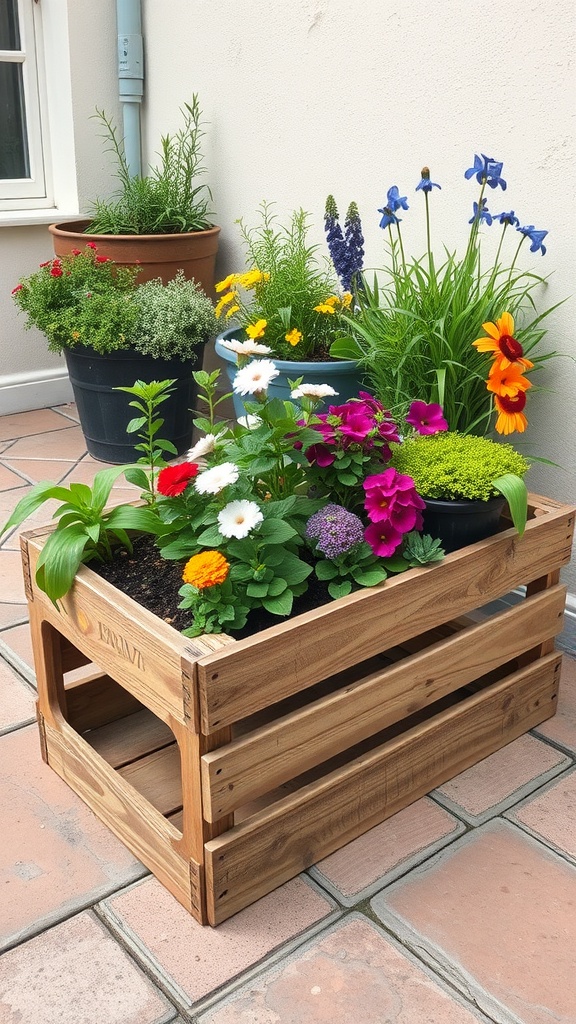A wooden crate garden bed filled with colorful flowers, placed on a patio.