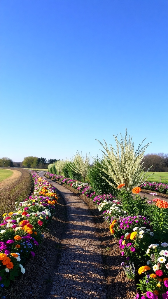 A vibrant flower border along a gravel path with colorful blooms and blue sky.