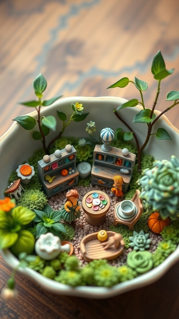 A fairy garden dish featuring miniature figures, plants, and accessories in a whimsical setting.