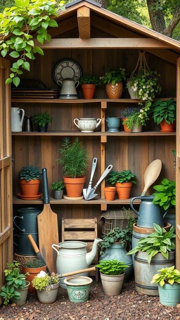 A vintage-inspired potting shed with wooden shelves filled with plants and gardening tools.