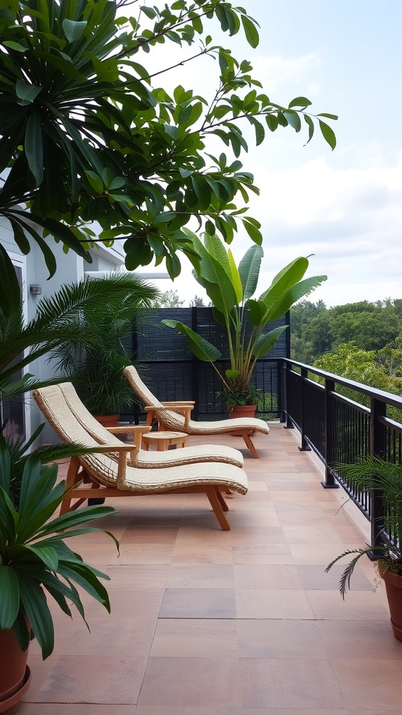 A terrace garden featuring two lounge chairs surrounded by lush green plants.