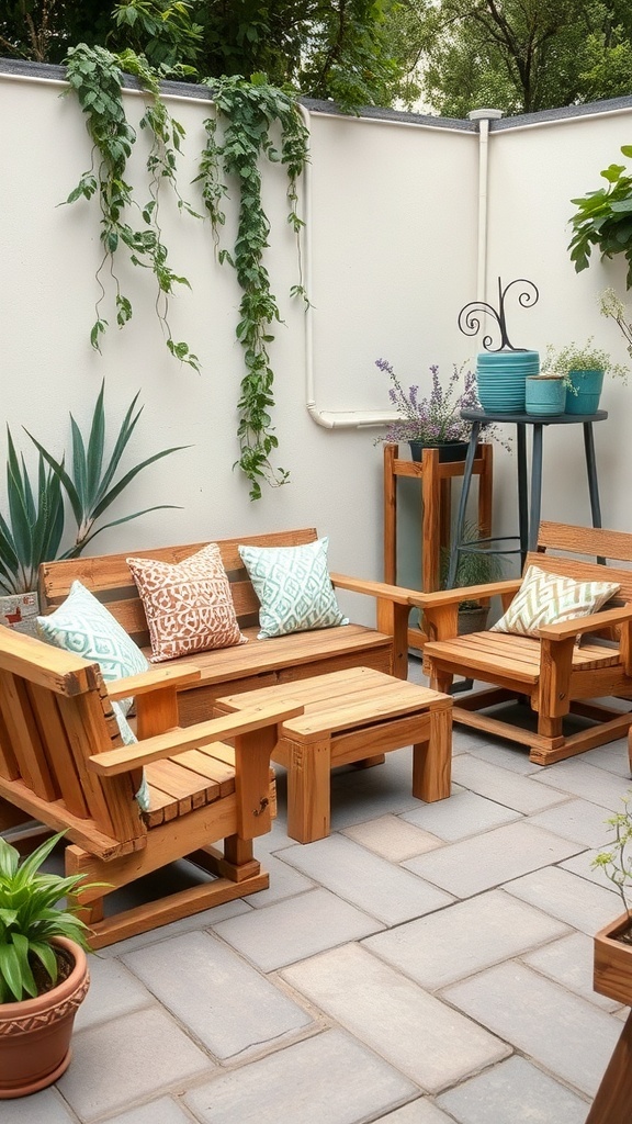 Cozy outdoor seating area with wooden furniture and colorful cushions