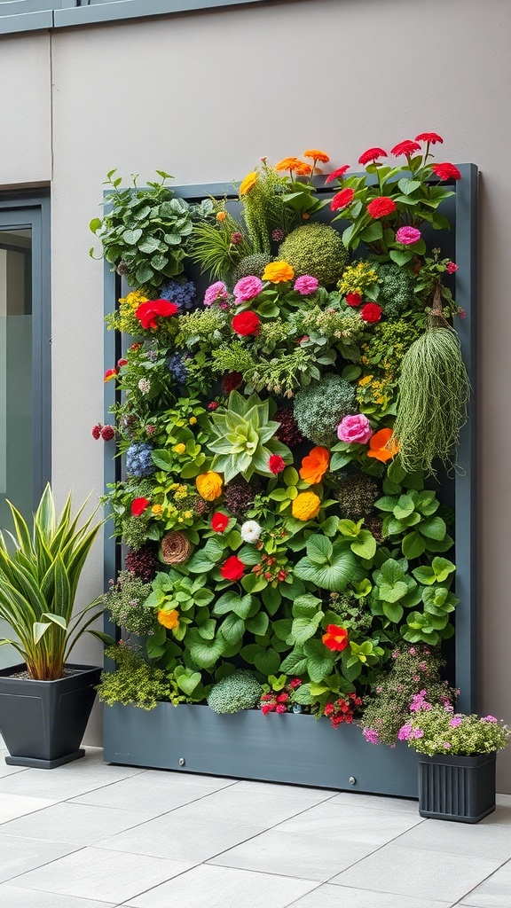 A colorful vertical garden wall filled with various flowers and greenery.
