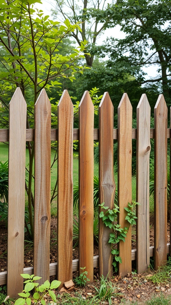 A rustic reclaimed wood fence with pointed tops, surrounded by greenery and climbing plants.