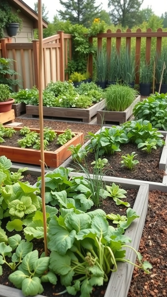 A vibrant outdoor kitchen garden with raised beds filled with various herbs and vegetables.