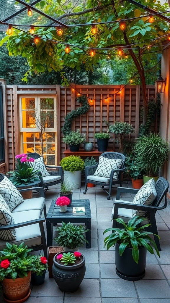 A cozy patio garden with seating, plants, and string lights.