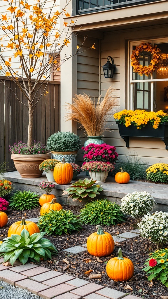 A small garden decorated for autumn with pumpkins, colorful flowers, and ornamental grasses.