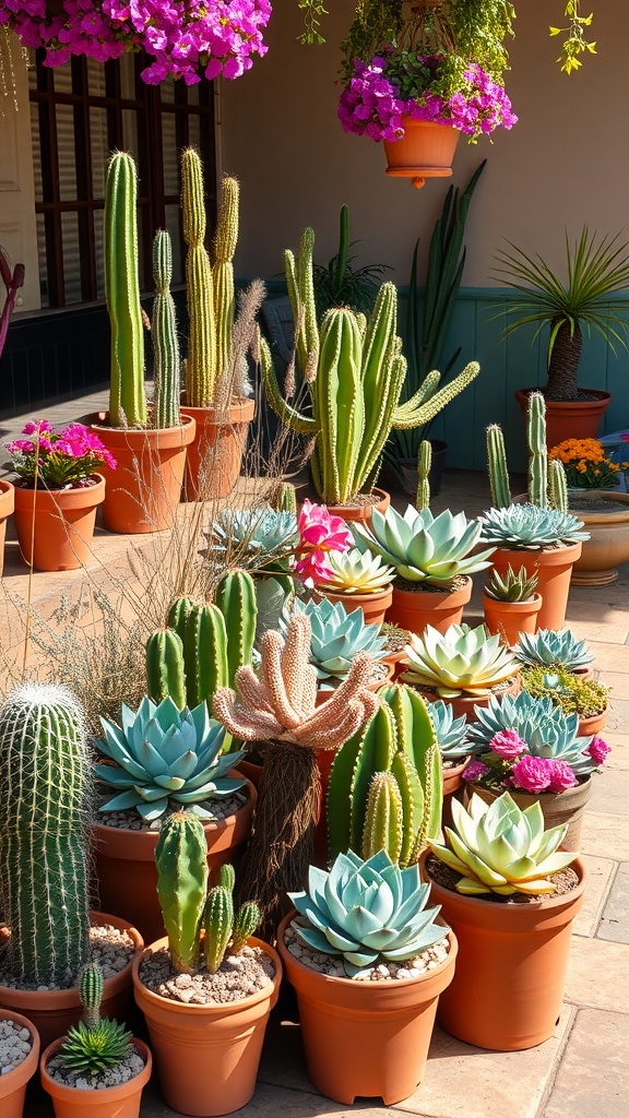 A colorful display of succulents and cacti in terracotta pots, with pink flowers hanging above.